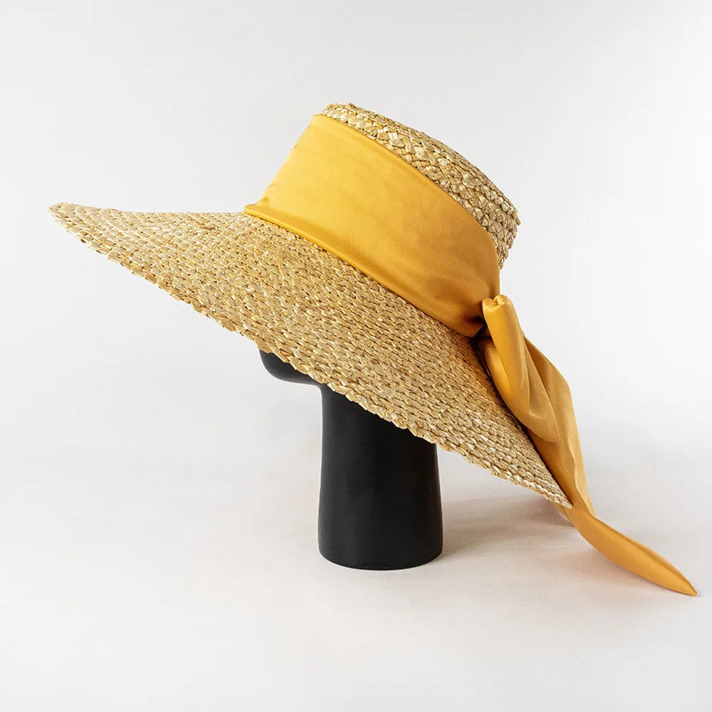 High-quality hand-knitted petal Wheat Straw flat top large eaves basin hat women's fashion big bow beach sun shade straw hat